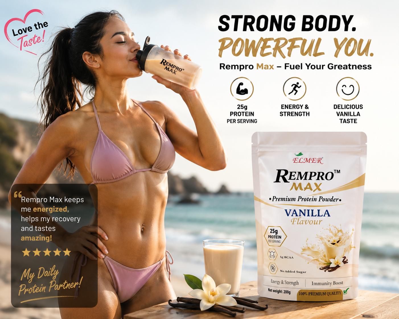 REMPRO MAX™ | Premium Vanilla Protein Powder | 25g Protein | 5g BCAA | No Added Sugar | 200g