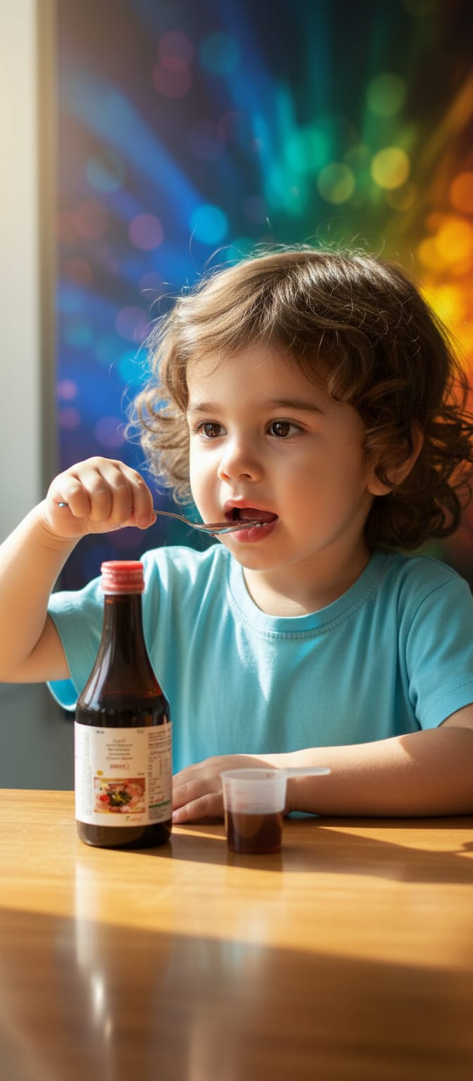 Child drinking from a cup with a bottle of Bisfe Suspension