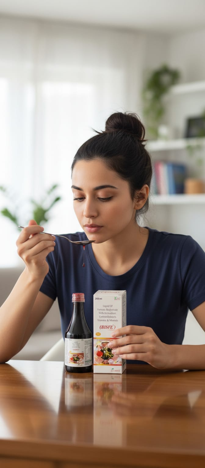Woman tasting Bisfe Suspension sugar free