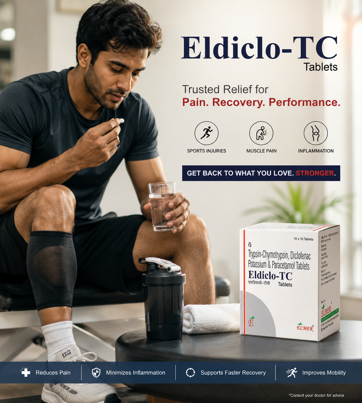 ELDICLO-TC Tablets | Trypsin-Chymotrypsin, Diclofenac Potassium & Paracetamol | Pain & Inflammation Relief | 10×10 Tablets