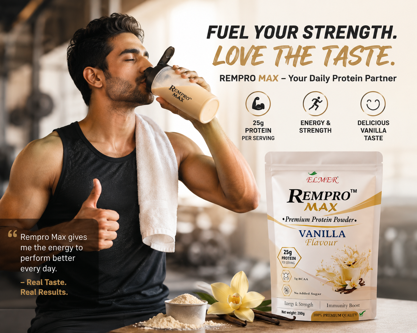 REMPRO MAX™ | Premium Vanilla Protein Powder | 25g Protein | 5g BCAA | No Added Sugar | 200g