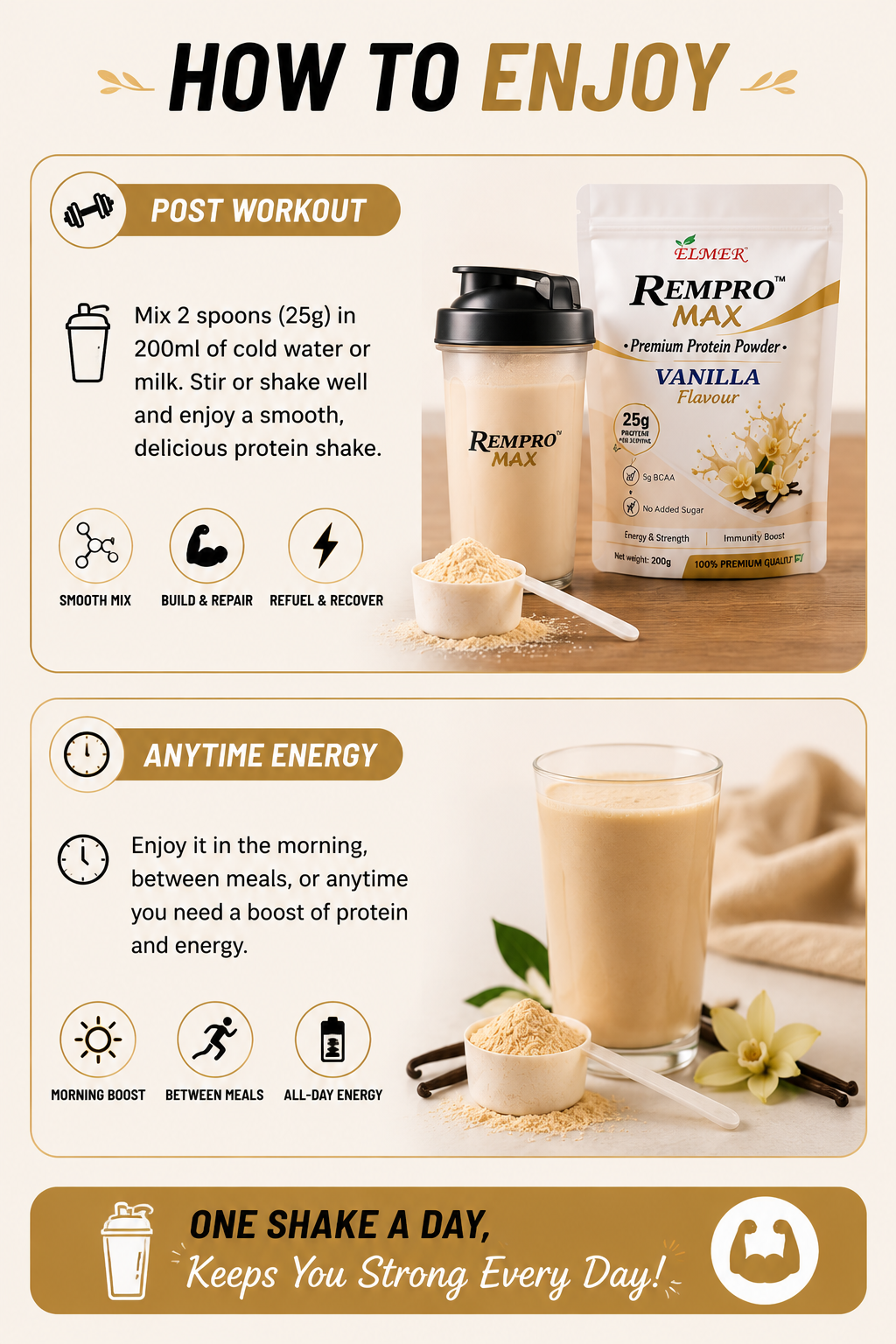REMPRO MAX™ | Premium Vanilla Protein Powder | 25g Protein | 5g BCAA | No Added Sugar | 200g